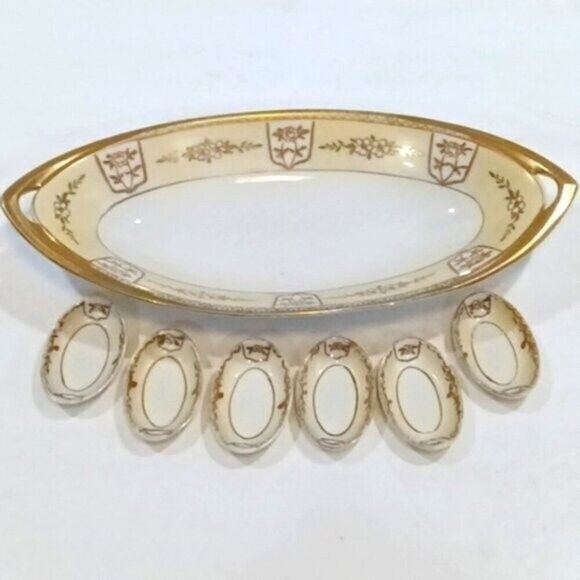 Antique Noritake Porcelain Sushi Serving Dish & Six Matching Sauce Dips/Cellars - Picture 1 of 9